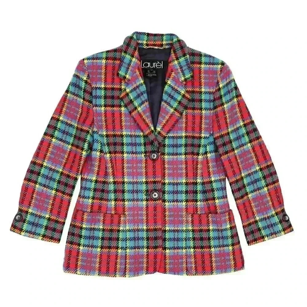 Vintage 80s Laurel Colorful Plaid Blazer Size Small Collared Long Sleeve‎ Top